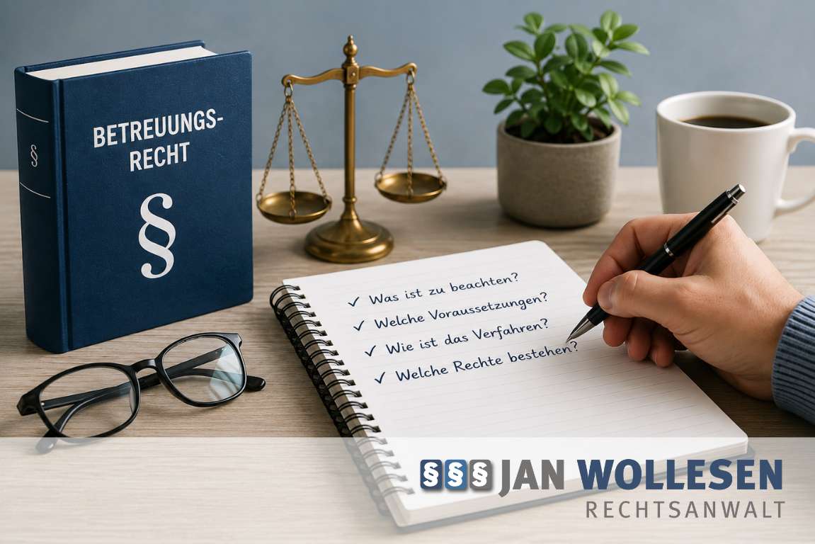 Schreibtisch mit Betreuungsrechtsbuch, Waage, Notizblock und Checkliste zu den Boraussetzungen, Verfahren und Rechte im Betreuungsrecht