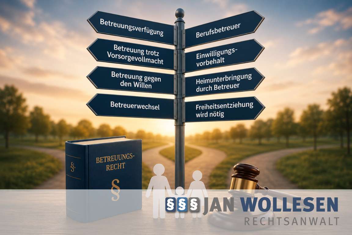 Betreuungsrecht-Seite Wegweiser mit Themen des Betreuungsrechts, Gesetzbuch, Familiensymbol und Richterhammer als Symbol für rechtliche Betreuung und Orientierung