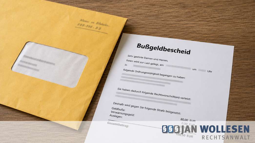 Gelber Zustellumschlag mit Bußgeldbescheid auf einem Tisch