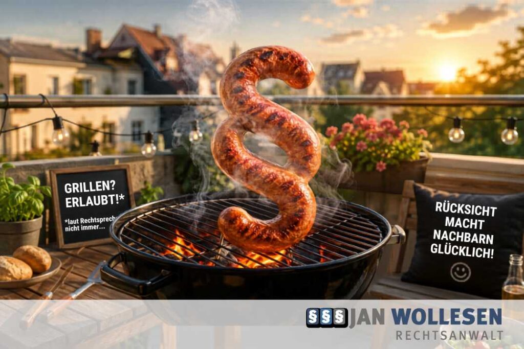Gegrillte Bratwurst in Form eines Paragraphenzeichens auf einem Holzkohlegrill auf einer Terrasse. Symbolbild für Grillrecht, Nachbarrecht und Grillurteile in Deutschland.