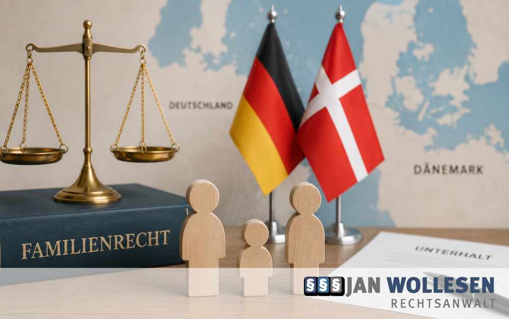 Symbolbild zum Familienrecht mit Deutschland- und Dänemark-Bezug: Holzfiguren einer Familie, Gesetzbuch, Waage und deutsche sowie dänische Flagge.
