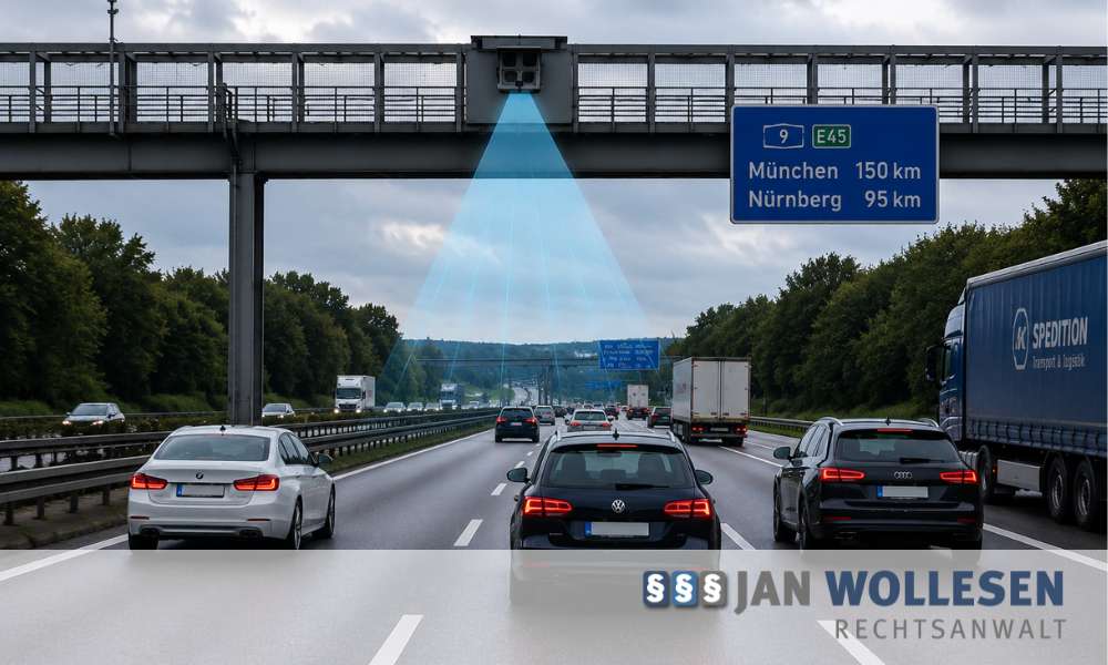 Autobahn mit dichtem Verkehr unter einer Verkehrsüberwachungsbrücke mit Kamera zur Abstandsmessung.