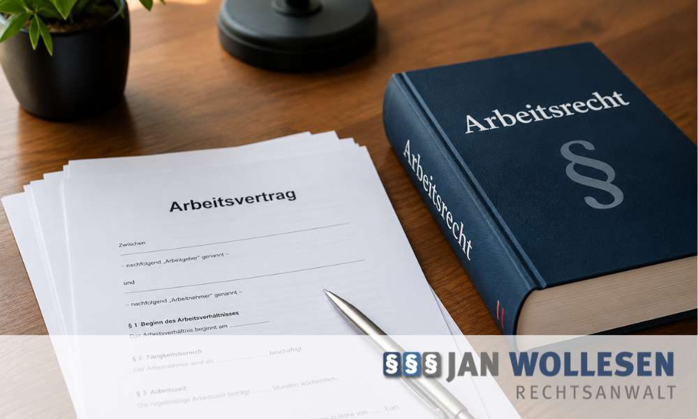 Arbeitsvertrag und Gesetzbuch Arbeitsrecht auf einem Schreibtisch als Symbol für arbeitsrechtliche Beratung und Kündigungsschutz.