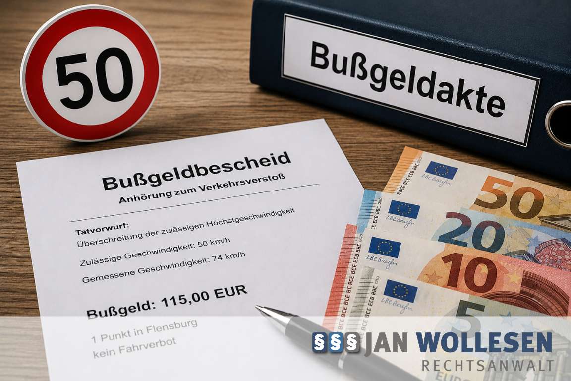 Bußgeldbescheid, Bußgeldakte, Geldscheine und Verkehrszeichen auf einem Schreibtisch