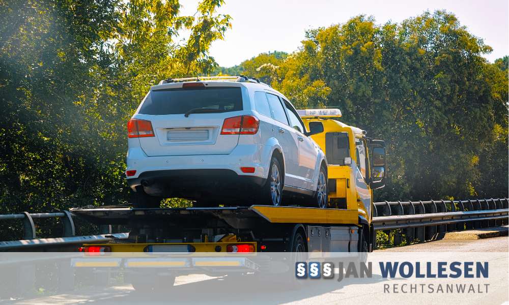 Beschädigtes Auto wird nach einem Verkehrsunfall auf einen Abschleppwagen geladen